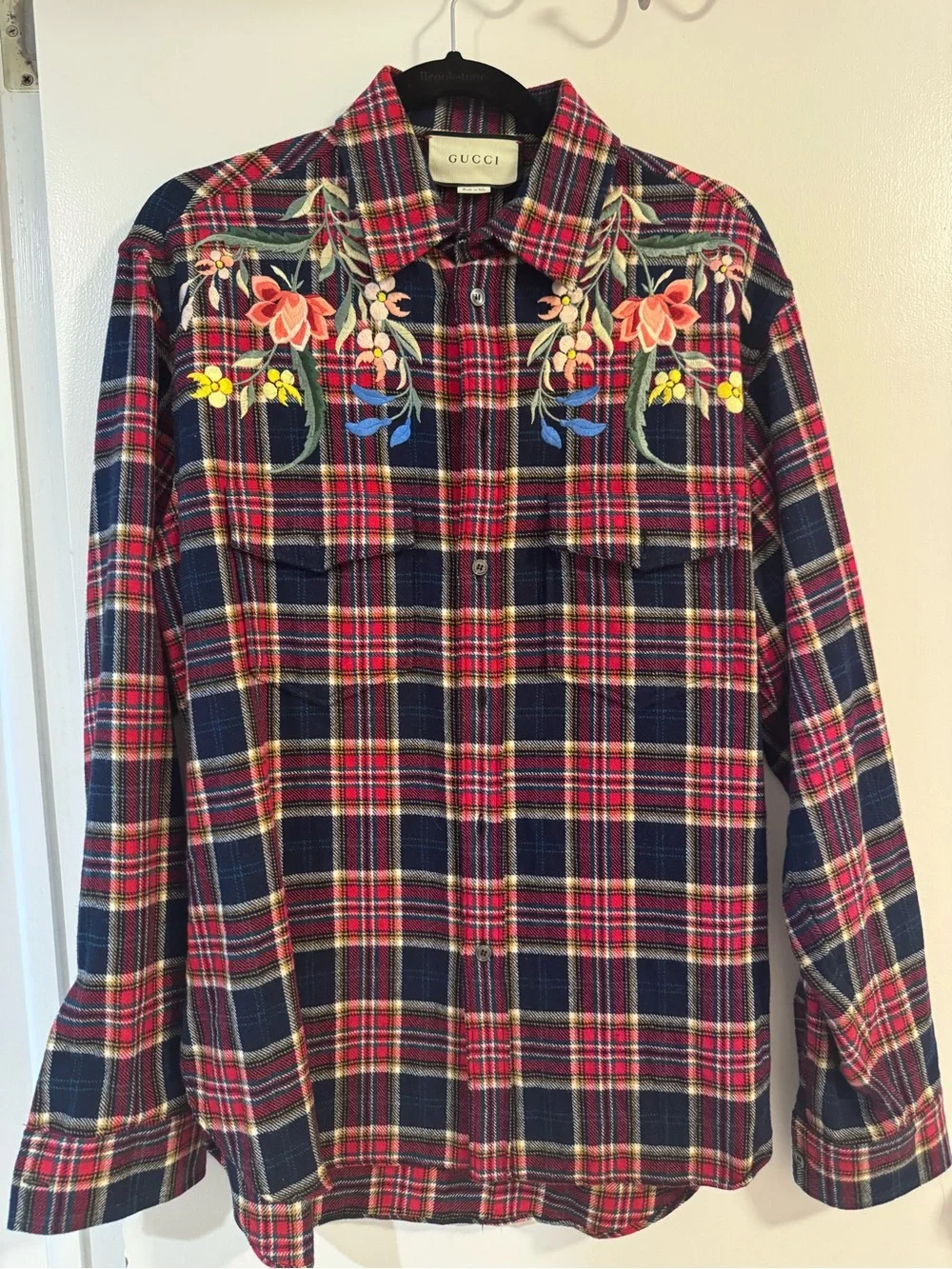 Gucci Red & Navy Plaid Embroidered Button-Down Shirt